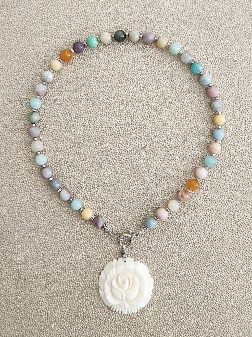 CHAKRA GEMSTONE NECKLACE W/ CARVED ROSE-16"
